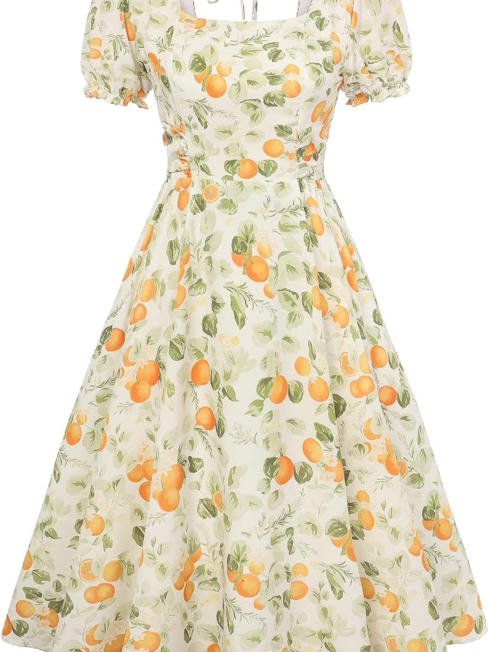Women's Cream Orange Print Puff-Sleeve Casual Dress